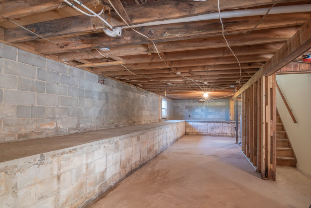 A photo showing a basement with a wooden staircase