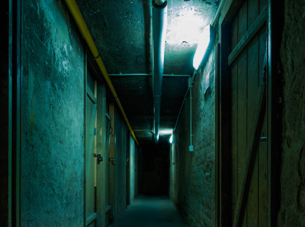 A photo showing a dark passageway with pipes on the ceiling