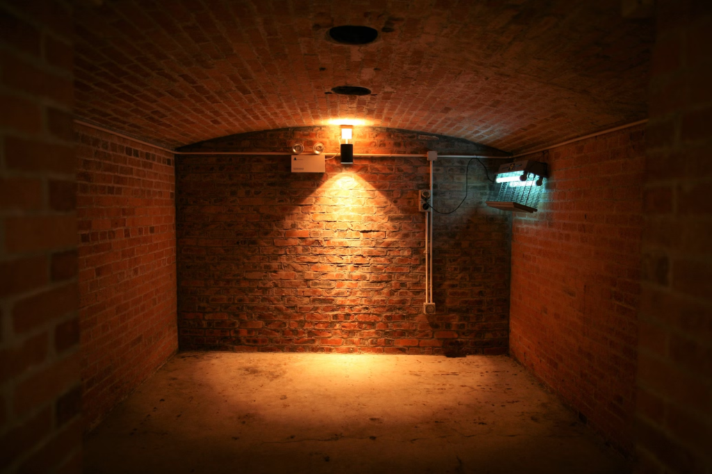 A photo showing a basement with brick walls