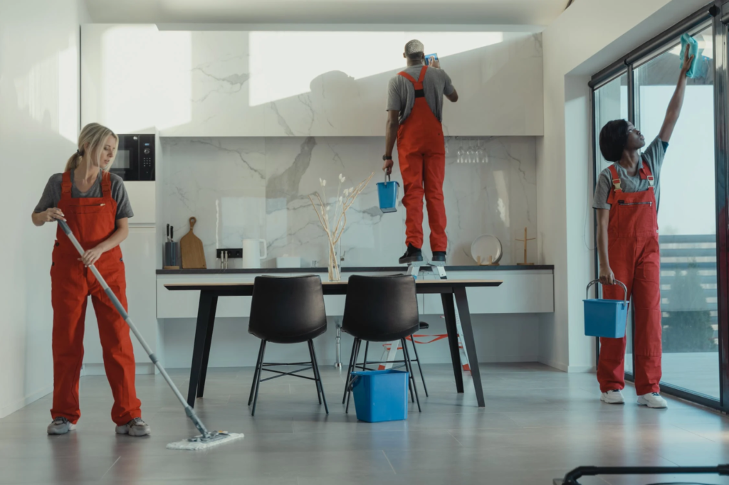 A photo showing three people in uniforms wiping down surfaces indoors.