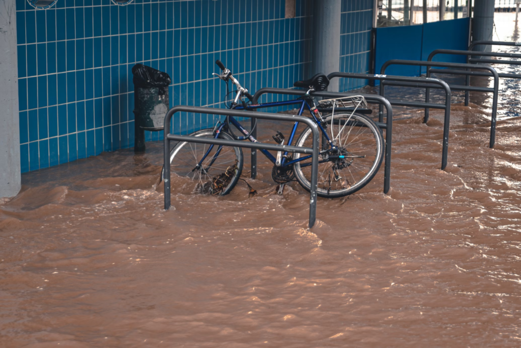 A photo showing bicycles on a flooded property