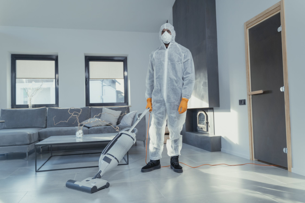 A photo showing a person using a vacuum cleaner indoors.